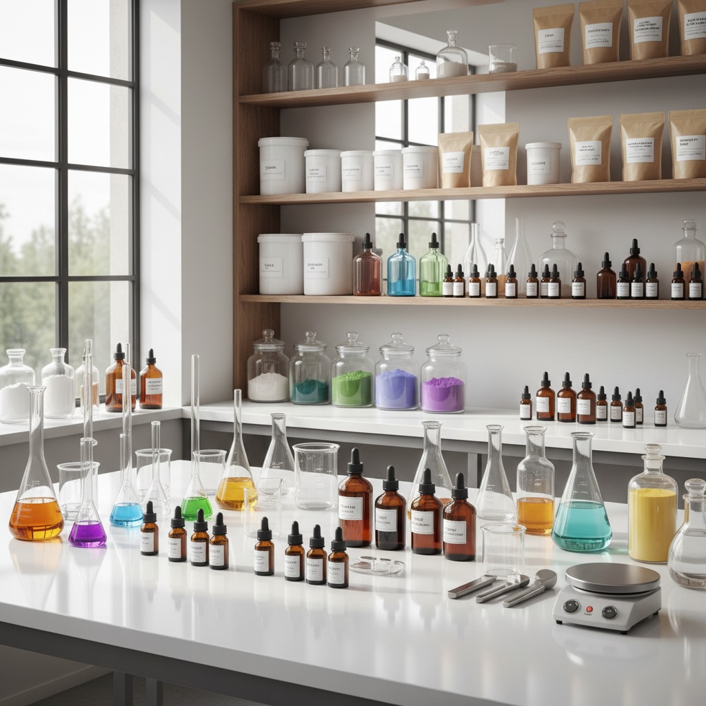 A modern cosmetic ingredient laboratory with laboratory beakers, flasks, amber glass bottles containing raw oils, cosmetics powders in glass containers, stainless steel mixing equipment, clean white workspace, realistic premium, scientific, no skincare creams, no lotion bottles, no serum packaging, no finished cosmetic product, no branded products focused only on cosmetic raw materials and formulation. Bright natural lightening with shelves stocked with raw material in different butter cops and powders in transparent craft bags on the shelf with different rubbers bottles containing different carrier oil and dropper bottles containing essential oils and fragrance oils